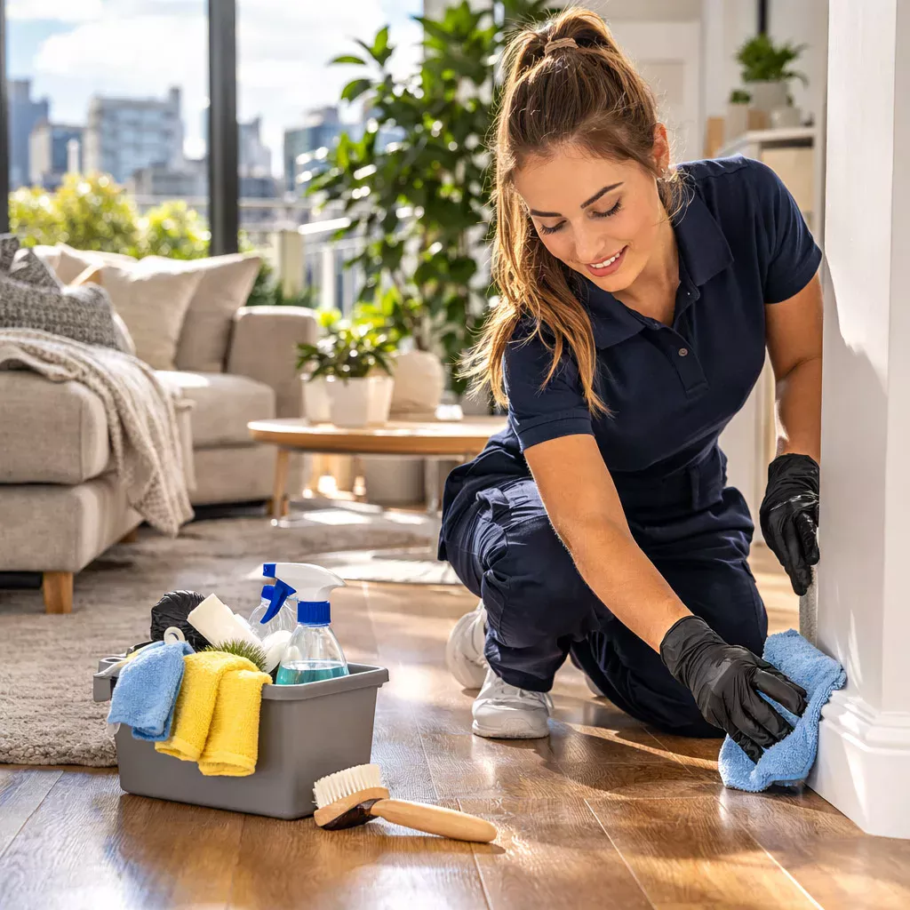 Cleaner from Nicky's Maid Services detail-cleaning baseboards and hardwood floors in a Sarasota living room